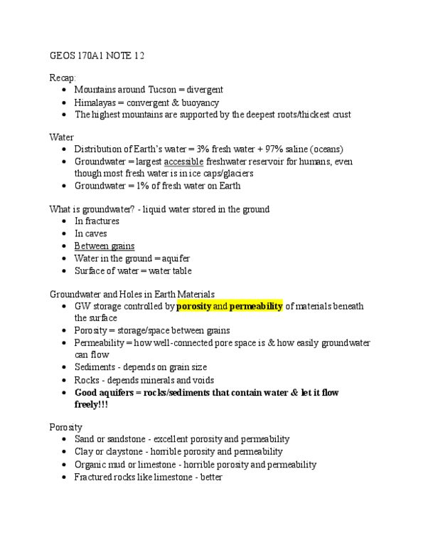 GEOS 170A1 Lecture Notes - Lecture 12: Mudrock, Aquifer, Himalayas thumbnail