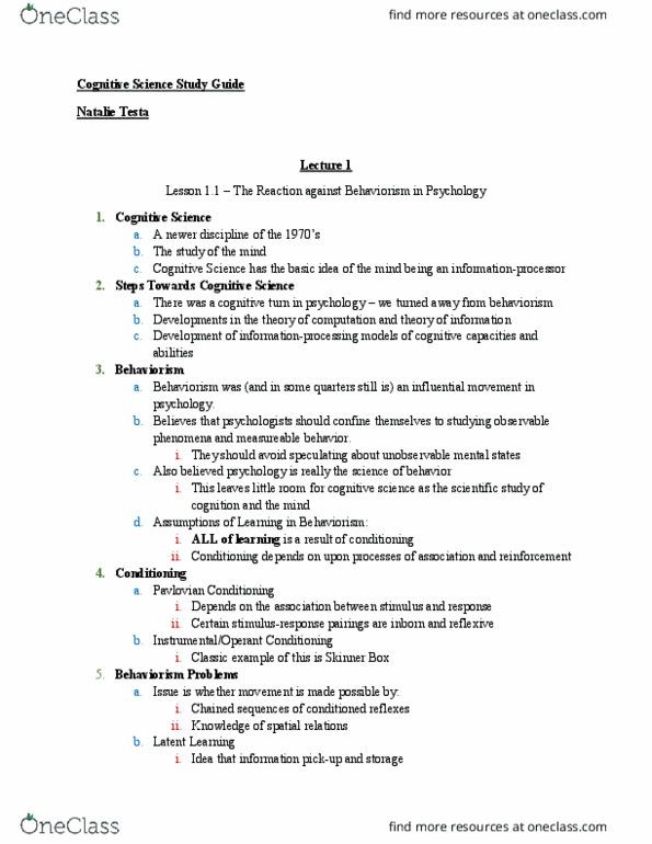 CGSC170 Lecture 1: Cognitive Science Study Guide thumbnail