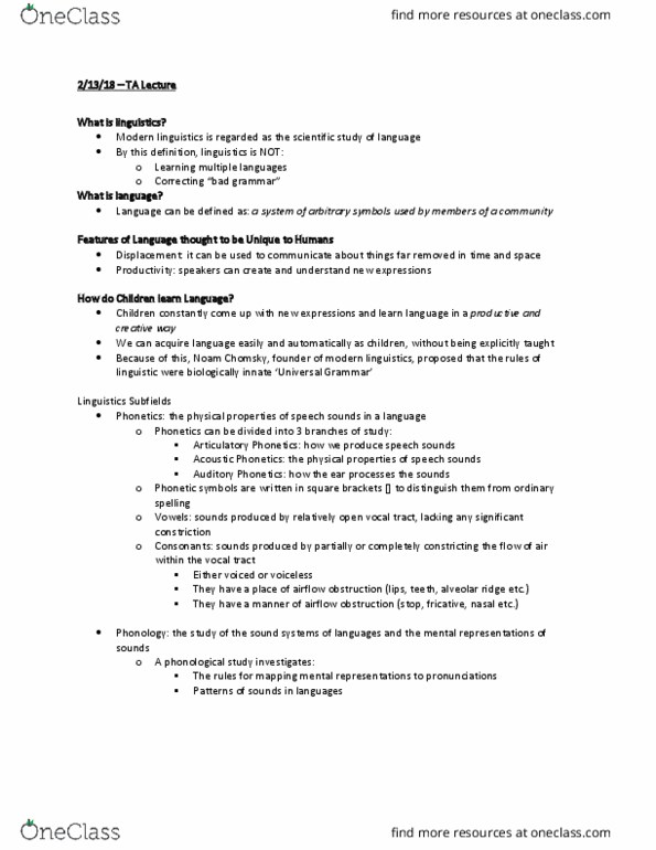 CGSC170 Lecture Notes - Lecture 5: Articulatory Phonetics, Bound And Unbound Morphemes, Auditory Phonetics thumbnail