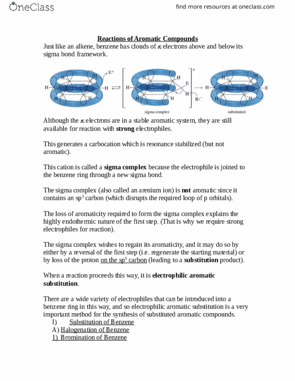 BIOL 3305 Lecture Notes - Lecture 17: Electrophilic Aromatic Substitution, Rate-Determining Step, Sigma Bond thumbnail