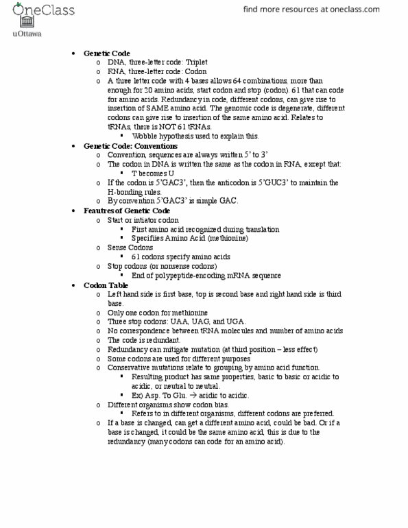 BIOL 3305 Lecture Notes - Lecture 3: Start Codon, Stop Codon, Aminoacylation thumbnail