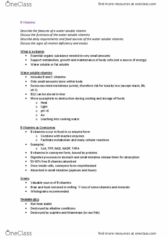 MEDI213 Lecture Notes - Lecture 10: Wernicke–Korsakoff Syndrome, B Vitamins, Thiaminase thumbnail