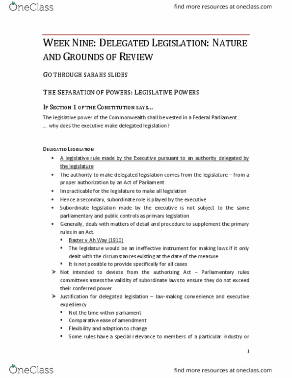 LLB230 Lecture Notes - Lecture 9: Primary And Secondary Legislation, Peter B. Kronheimer, City Of Gold Coast thumbnail