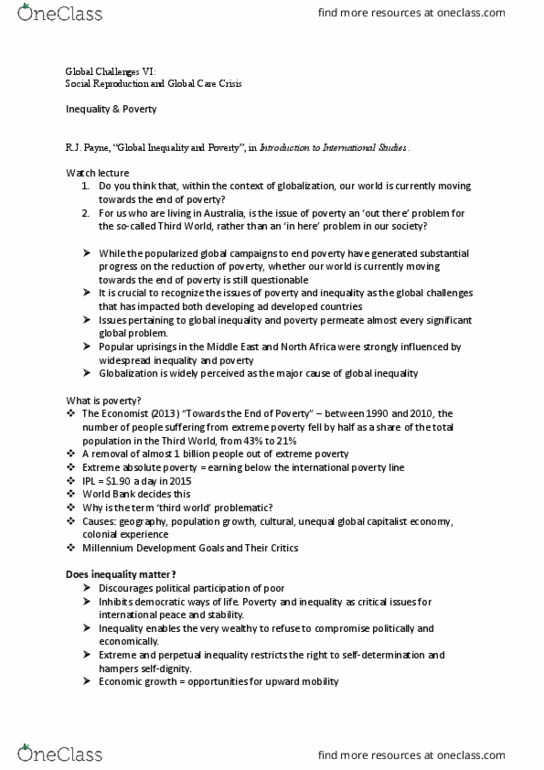 INTS100 Lecture Notes - Lecture 6: Millennium Development Goals, International Inequality, Socalled thumbnail