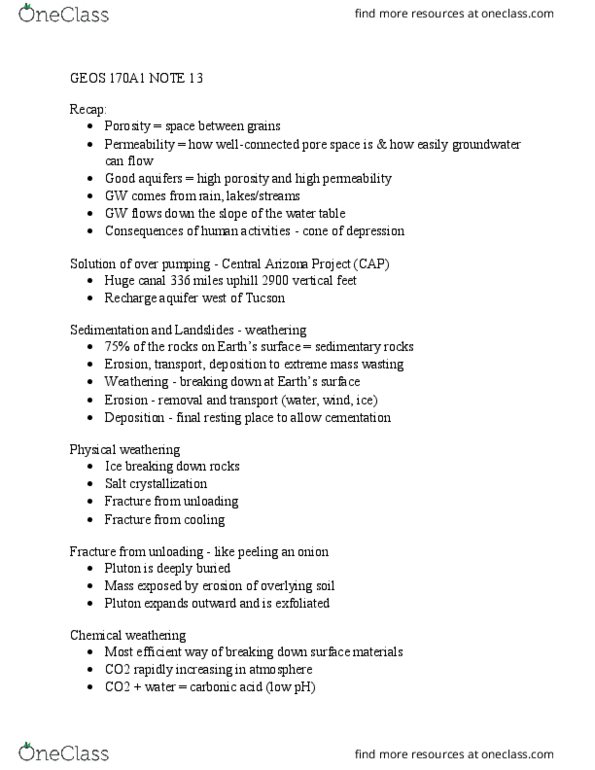 GEOS 170A1 Lecture Notes - Lecture 13: Central Arizona Project, Weathering, Aquifer thumbnail