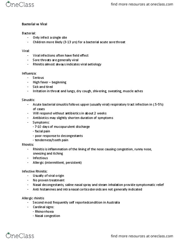 PHAR1821 Lecture Notes - Lecture 12: Pharyngitis, Nasal Spray, Allergic Rhinitis thumbnail