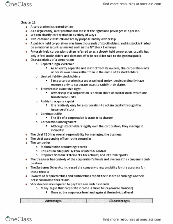 ACCT207 Chapter Notes - Chapter 11: Chief Financial Officer, Legal Personality, Double Taxation thumbnail