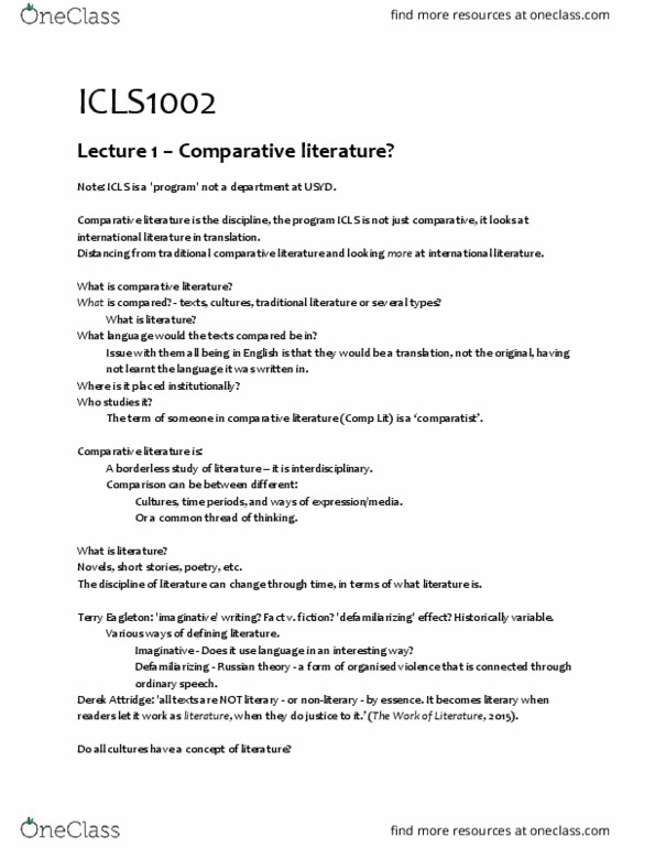 ICLS1002 Lecture Notes - Lecture 1: Derek Attridge, Terry Eagleton, Comparative Literature thumbnail