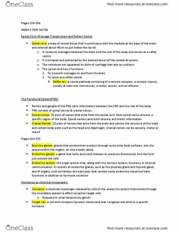 BIOL 1080 Chapter Notes - Chapter week 5 material: Cranial Nerves, Spinal Cord, Spinal Nerve thumbnail