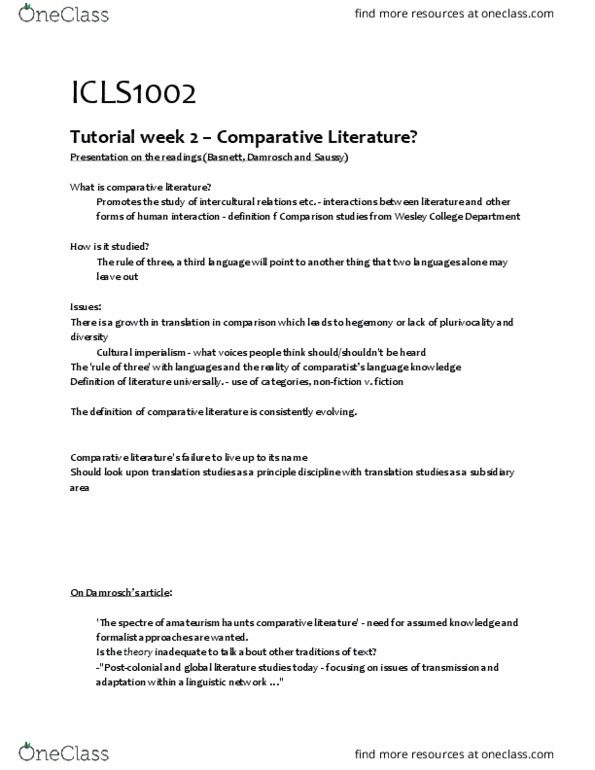 ICLS1002 Lecture Notes - Lecture 2: Comparative Literature, Translation Studies, Cultural Imperialism thumbnail