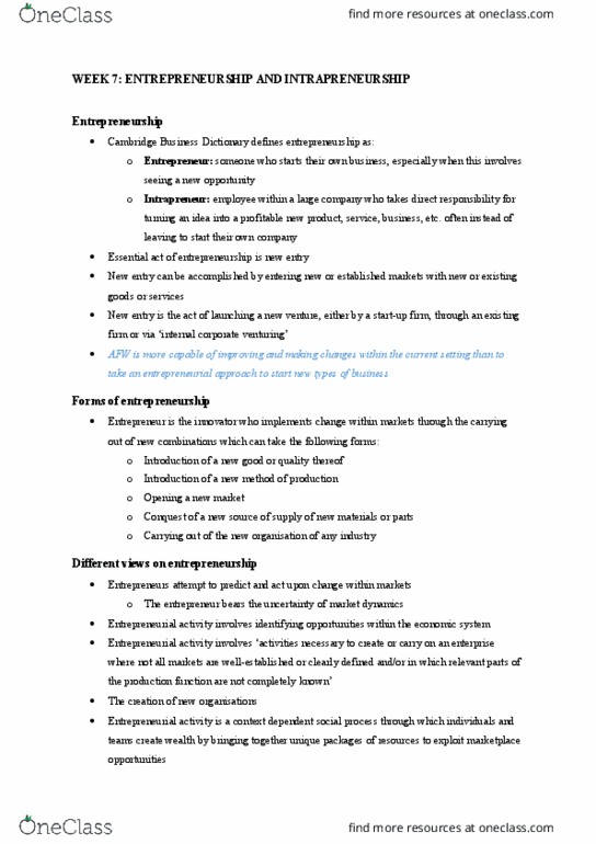 BUSS1000 Lecture Notes - Lecture 7: Intrapreneurship, Production Function thumbnail