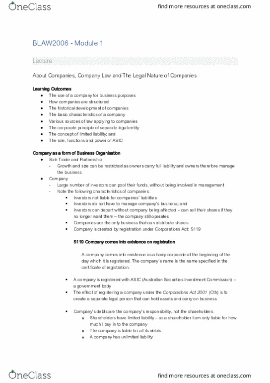 BLAW2006 Lecture Notes - Lecture 1: Corporations Act 2001, Limited Liability, Legal Personality thumbnail