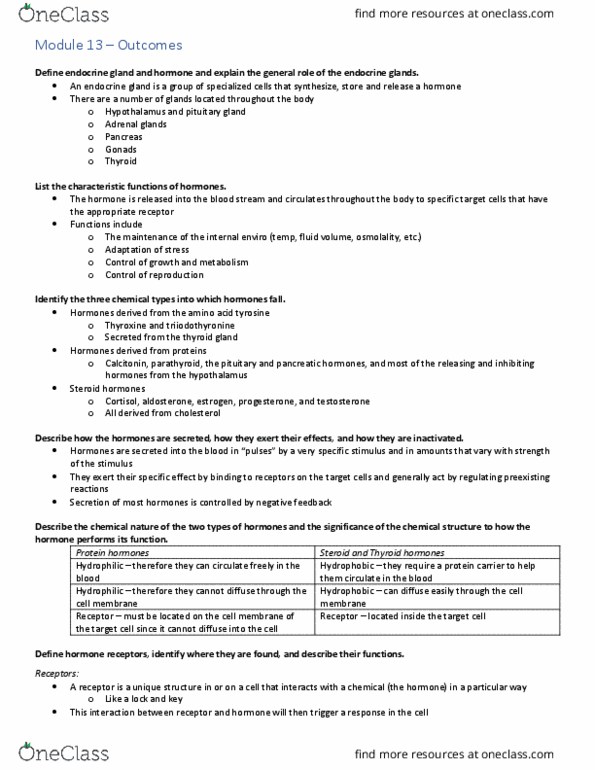 Physiology 2130 Lecture Notes - Lecture 13: Growth Hormone–Releasing Hormone, Adrenal Gland, Membrane Transport Protein thumbnail