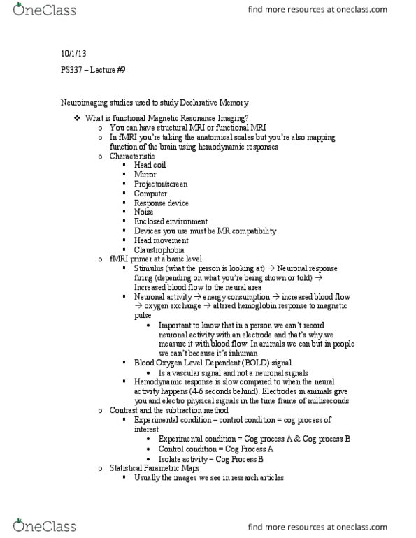 CAS PS 337 Lecture Notes - Lecture 9: Functional Magnetic Resonance Imaging, Neuroimaging, Hemoglobin thumbnail