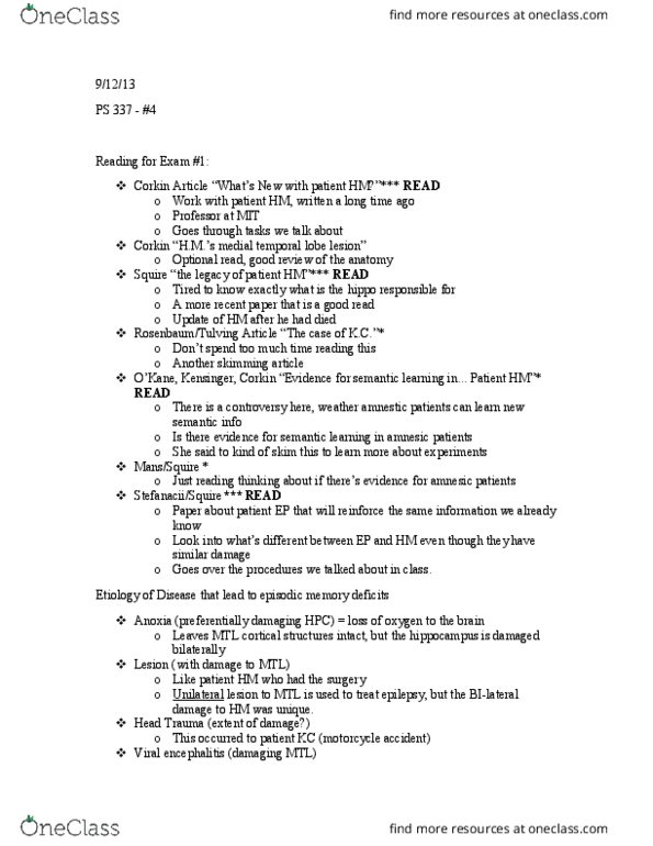 CAS PS 337 Lecture Notes - Lecture 4: Henry Molaison, Temporal Lobe, Viral Encephalitis thumbnail