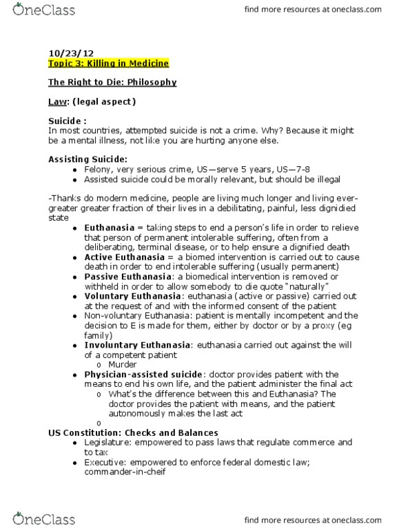 CAS PH 251 Lecture Notes - Lecture 9: Due Process Clause, Euthanasia, Assisted Suicide thumbnail