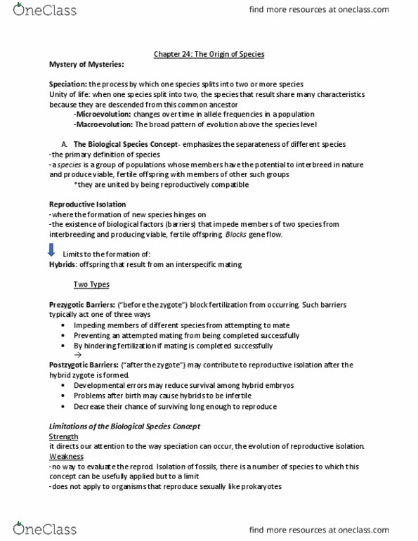 BIOL 2200 Chapter Notes - Chapter 24: Species Problem, Reproductive Isolation, Allele Frequency thumbnail