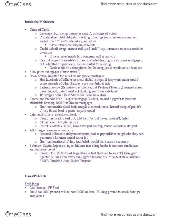 SMG SM 131 Lecture Notes - Lecture 5: Troubled Asset Relief Program, Credit Default Swap, Collateralized Debt Obligation thumbnail