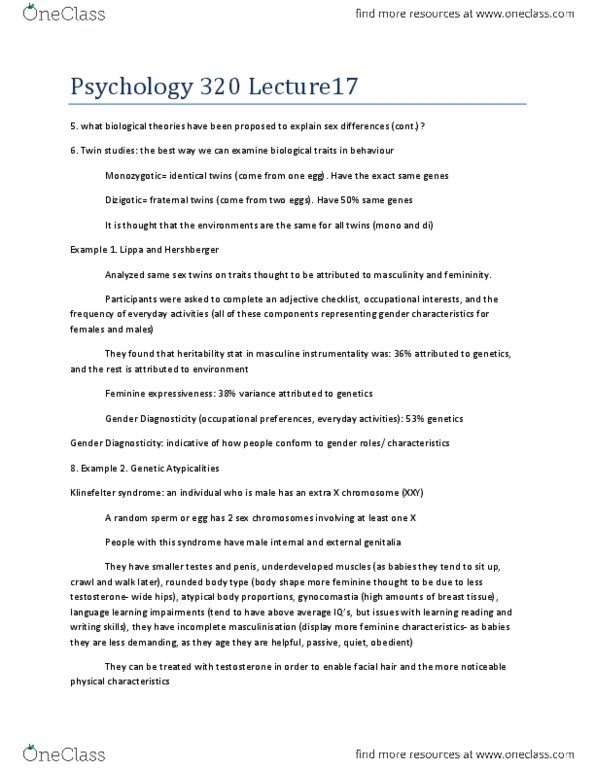 PSYC 320 Lecture Notes - Estradiol, Twin Study, Twin thumbnail