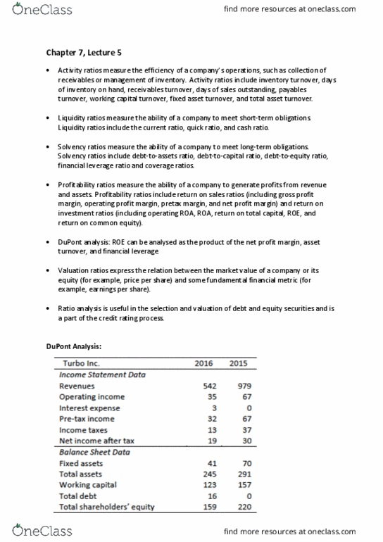 FNCE2003 Chapter Notes - Chapter 7: Inventory Turnover, Asset Turnover, Profit Margin thumbnail