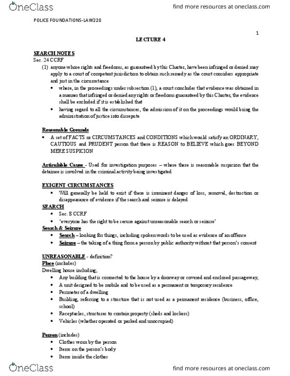 Police Foundations LAW220 Lecture Notes - Lecture 4: Exigent Circumstance, The Offence, Fax thumbnail