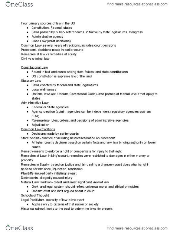 MGMT 200 Lecture Notes - Lecture 1: Uniform Commercial Code, Regulatory Agency, Precedent thumbnail