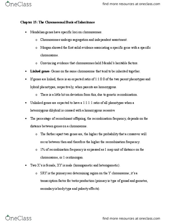 BIO 202 Lecture Notes - Lecture 11: Centimorgan, Y Chromosome, Gonad thumbnail