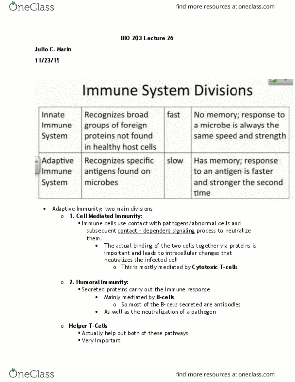 BIO 203 Lecture Notes - Lecture 26: Cytotoxic T Cell, T Helper Cell, Innate Immune System thumbnail