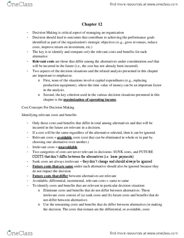 ACTG 2020 Chapter Notes - Chapter 12: Total Quality Management, Opportunity Cost, Sunk Costs thumbnail