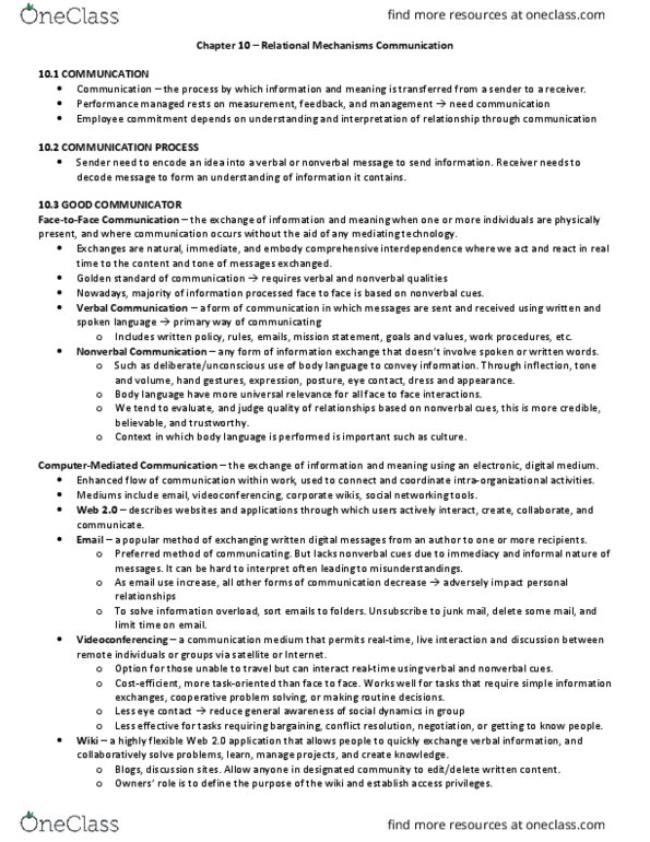 AFM280 Chapter Notes - Chapter 10: Web 2.0, Videotelephony, Body Language thumbnail