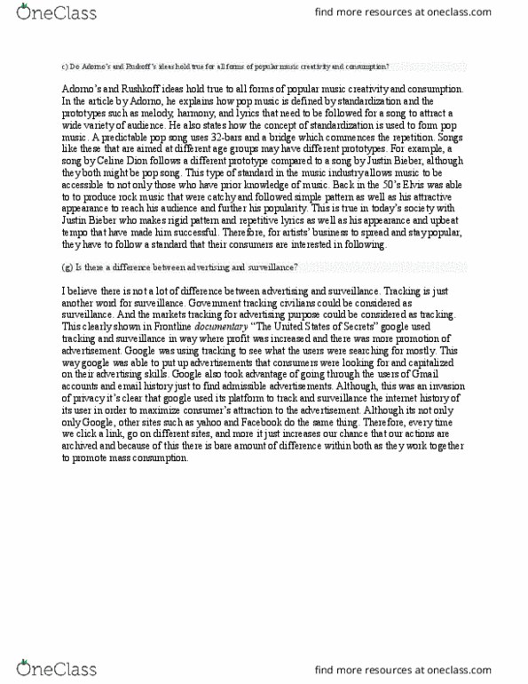SOCI 3810 Lecture Notes - Lecture 4: Douglas Rushkoff, Justin Bieber, Theodor W. Adorno thumbnail