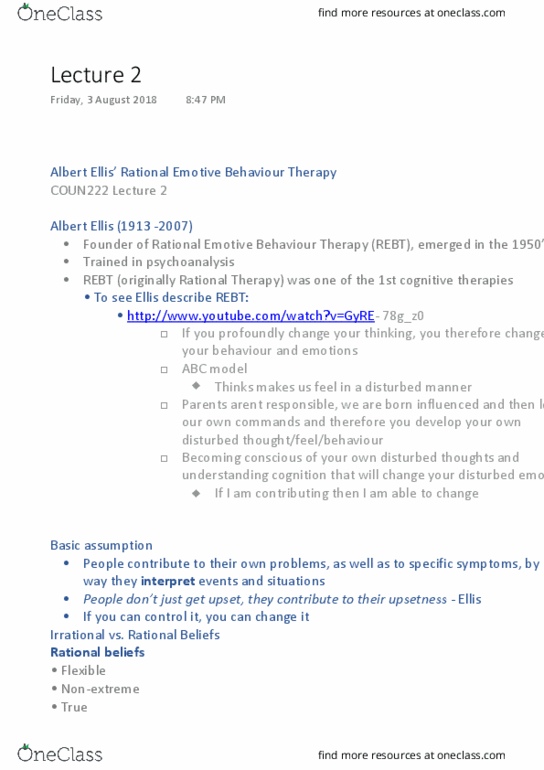 COUN222 Lecture Notes - Lecture 2: Cognitive Restructuring, Psychoeducation thumbnail