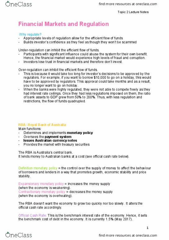 BFC1001 Lecture Notes - Lecture 2: Official Cash Rate, Monetary Policy, United States Treasury Security thumbnail