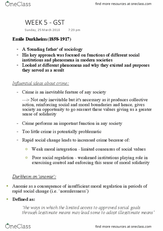 ATS1281 Lecture Notes - Lecture 5: Social Disorganization Theory, Juvenile Delinquency, General Strain Theory thumbnail
