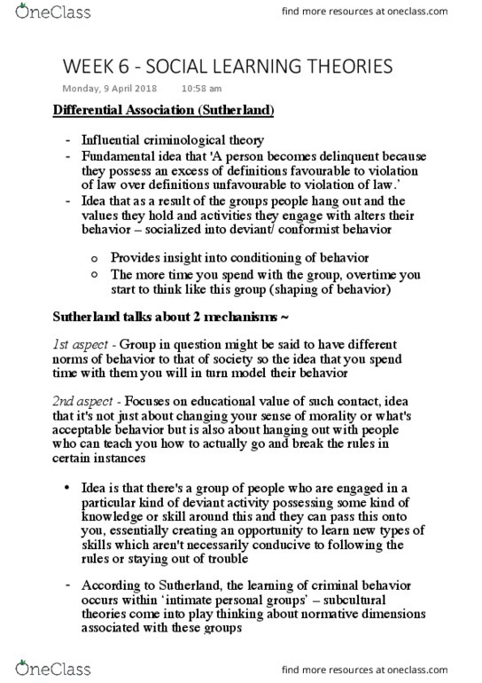 ATS1281 Lecture Notes - Lecture 6: Becky Mode, Social Disorganization Theory, Differential Association thumbnail