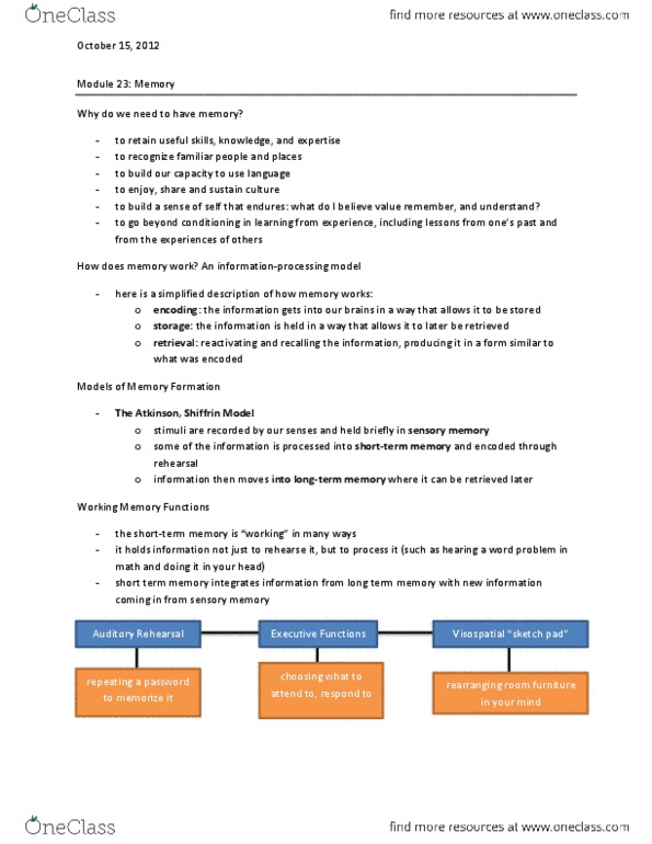 PSYC 1000 Lecture Notes - Long-Term Memory, Sensory Memory thumbnail