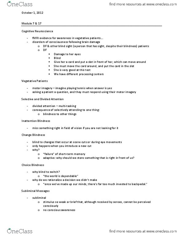 PSYC 1000 Lecture Notes - Introspection Illusion, Motor Imagery, Attention thumbnail