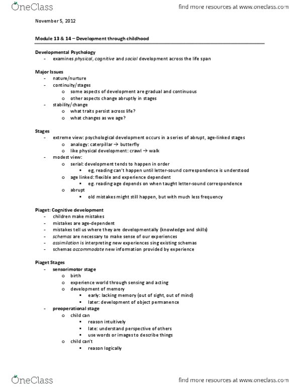 PSYC 1000 Lecture Notes - Object Permanence, Cognitive Development thumbnail