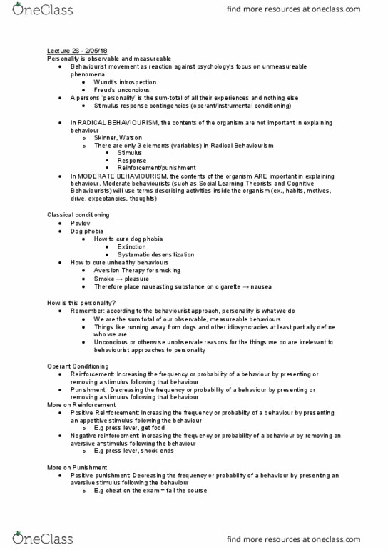 PSYC1001 Lecture Notes - Lecture 26: Aversion Therapy, Reinforcement, Behaviorism thumbnail