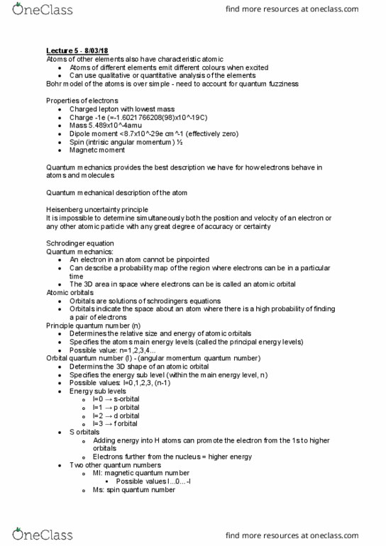 CHEM1831 Lecture Notes - Lecture 5: Electron Configuration, Pauli Exclusion Principle, Atomic Orbital thumbnail