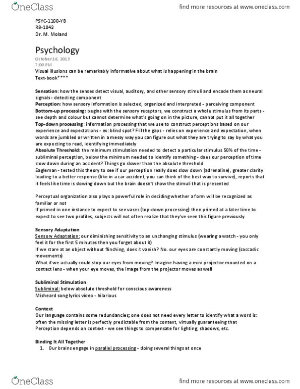 PSYCH 1100 Lecture Notes - Lecture 6: Thalamus, Prosopagnosia, Color Vision thumbnail