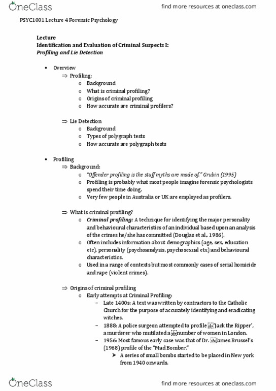 PSYC1001 Lecture Notes - Lecture 4: Serial Killer, Heart Rate, Offender Profiling thumbnail