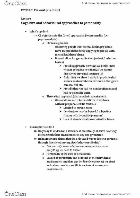 PSYC1001 Lecture Notes - Lecture 3: Personality Development, Determinism, Behaviorism thumbnail