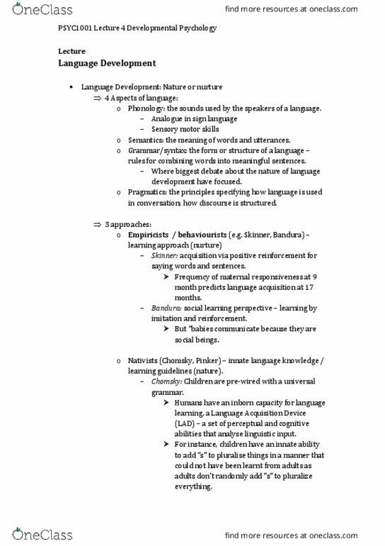 PSYC1001 Lecture Notes - Lecture 4: Language Development, Essentialism, Steven Pinker thumbnail