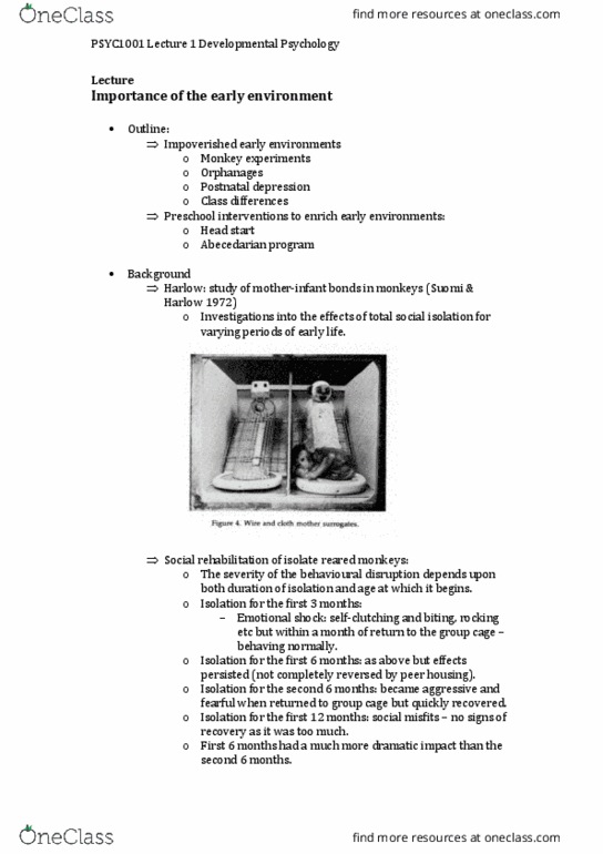 PSYC1001 Lecture Notes - Lecture 1: Gruel, Cortisol, Abecedarian Early Intervention Project thumbnail