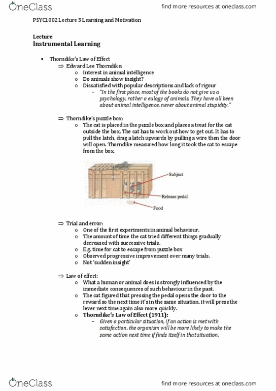 PSYC1002 Lecture Notes - Lecture 3: Animal Cognition, Operant Conditioning Chamber, Habituation thumbnail