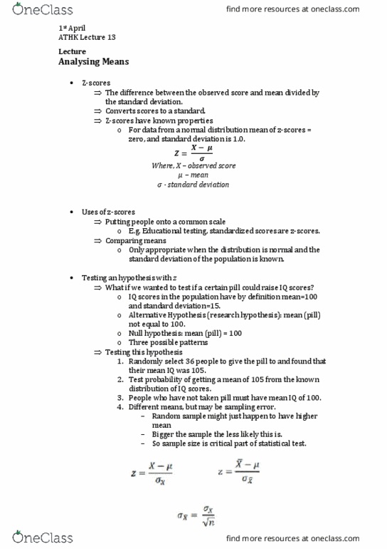 ATHK1001 Lecture Notes - Lecture 13: Statistical Hypothesis Testing, Standard Deviation, Null Hypothesis thumbnail