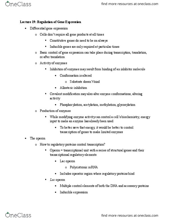 BIO 315 Lecture Notes - Lecture 19: Cyclic Adenosine Monophosphate, Corepressor, Repressor thumbnail