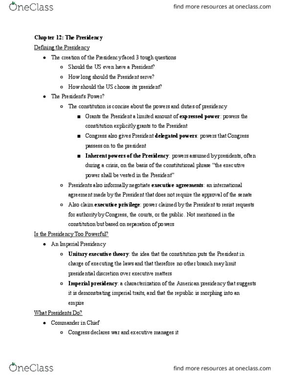 POL 102 Chapter Notes - Chapter 12: Eleanor Roosevelt, Unitary Executive Theory, Executive Privilege thumbnail