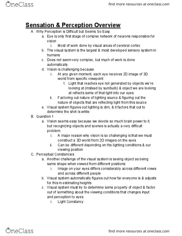 PSC 1 Lecture Notes - Lecture 4: Subjective Constancy, Cerebral Cortex, Sensory System thumbnail